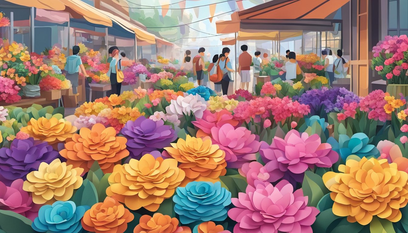 A colorful display of paper flowers in a bustling market in Singapore. Brightly colored blooms are arranged in various sizes and styles, enticing shoppers to purchase the handmade creations