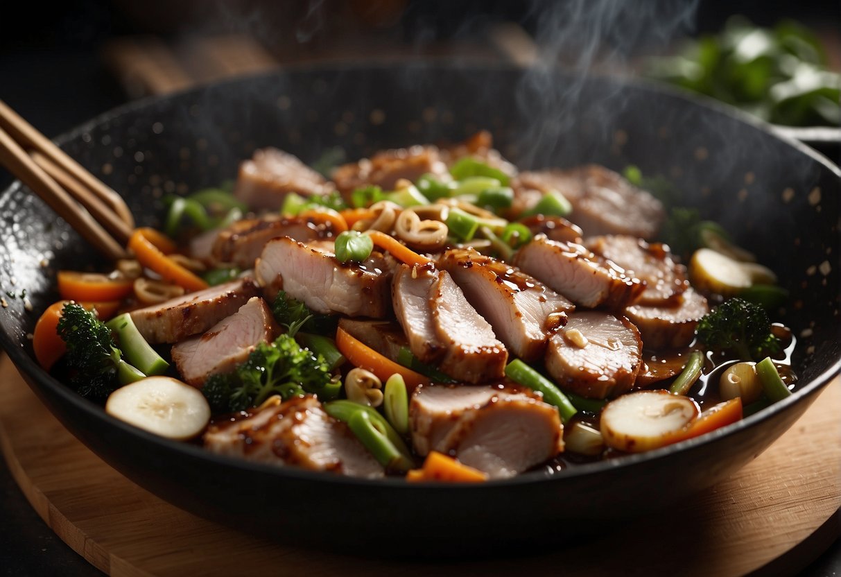 Sliced pork, ginger, and garlic sizzling in a hot wok. Soy sauce and oyster sauce being drizzled over the ingredients. Vegetables being tossed in