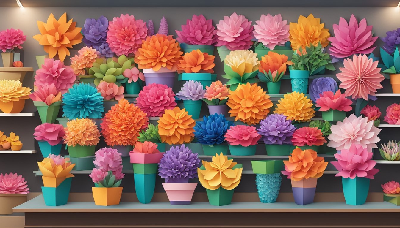 Vibrant paper flower displays fill the shelves of specialty shops in Singapore, showcasing a variety of colors and intricate designs