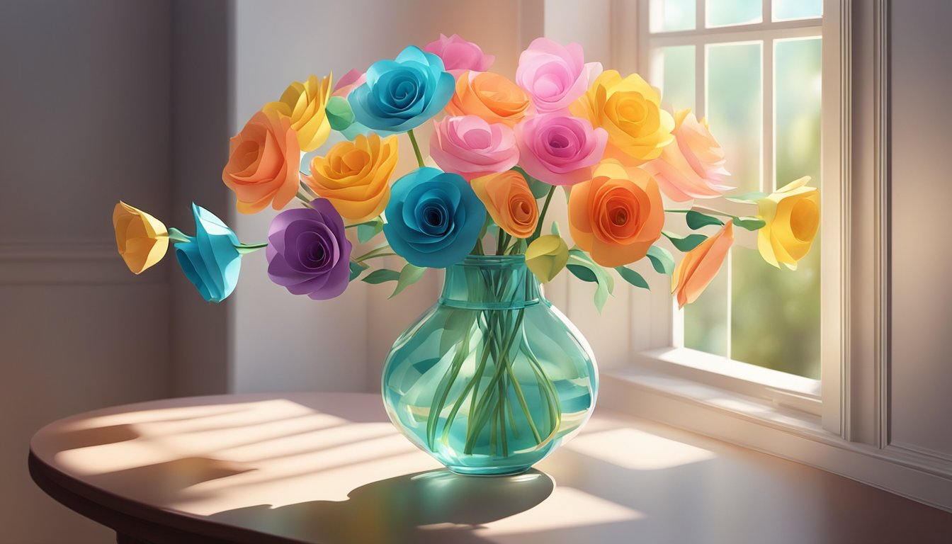 Colorful paper flowers arranged in a vase on a table, with soft natural light streaming in from a nearby window