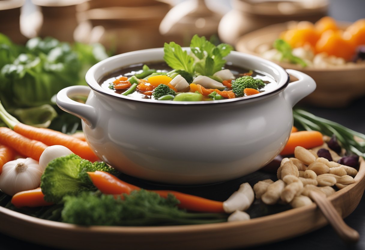 A pot of simmering Chinese herbal soup with colorful vegetables and aromatic herbs