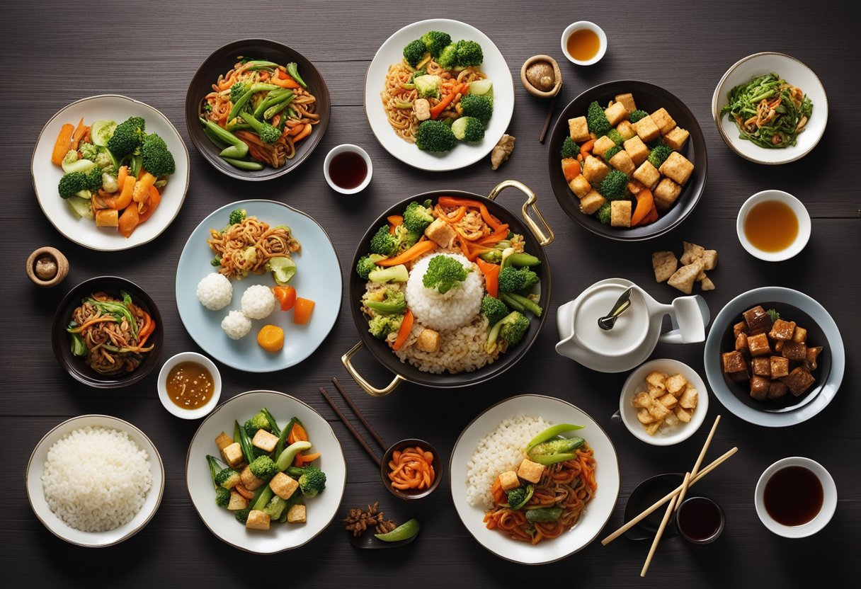 A table set with colorful vegetarian Chinese dishes, including stir-fried vegetables, tofu dishes, and rice, surrounded by chopsticks and traditional Chinese tea