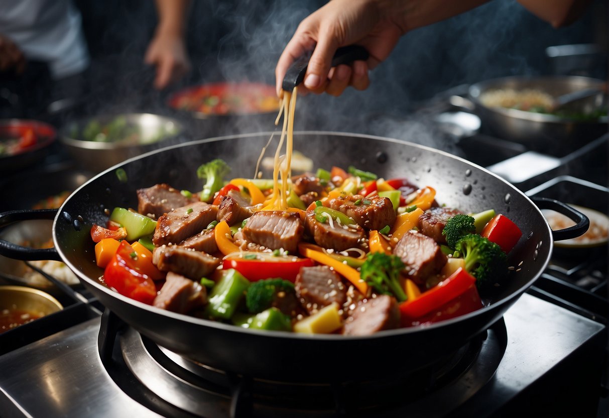 Sizzling pork pieces in a wok with colorful vegetables and savory sauce. Steam rising, chopsticks in motion