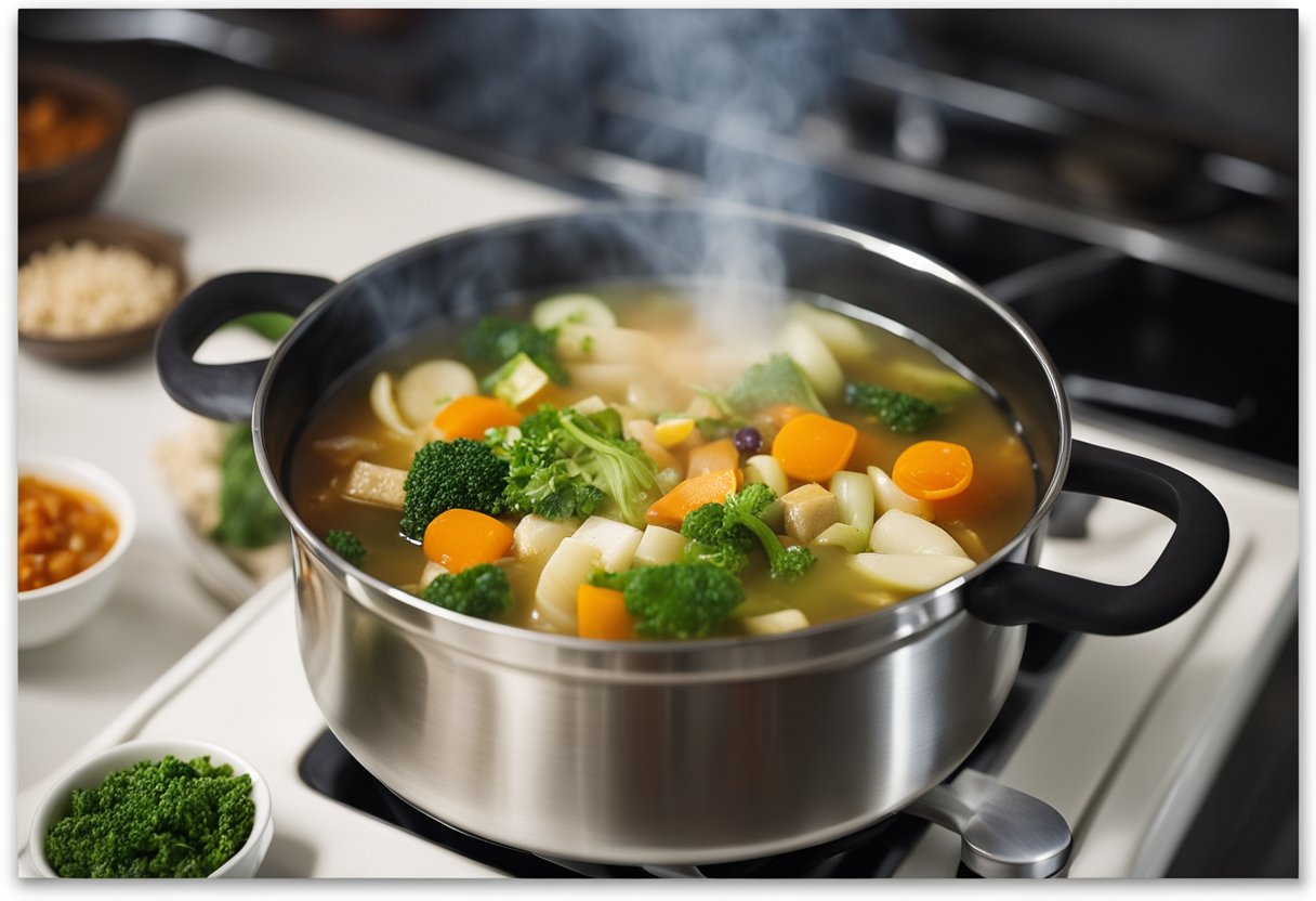A steaming pot of vegetarian Chinese soup with colorful vegetables and aromatic herbs, simmering on a stove