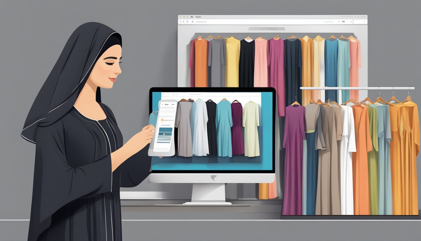 A woman browsing a variety of abayas online, with different styles and colors displayed on a computer screen