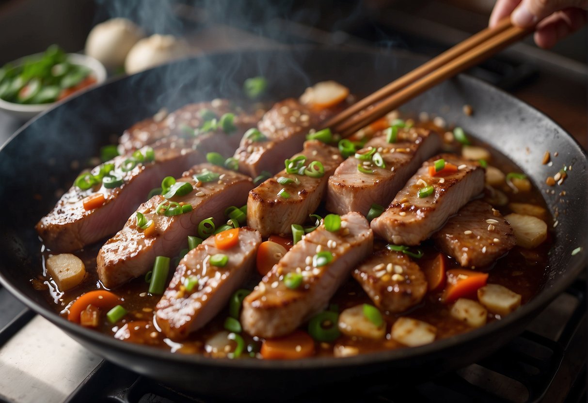 A sizzling pork tenderloin cooks in a wok with garlic, ginger, and soy sauce, creating a savory aroma in a bustling Chinese kitchen