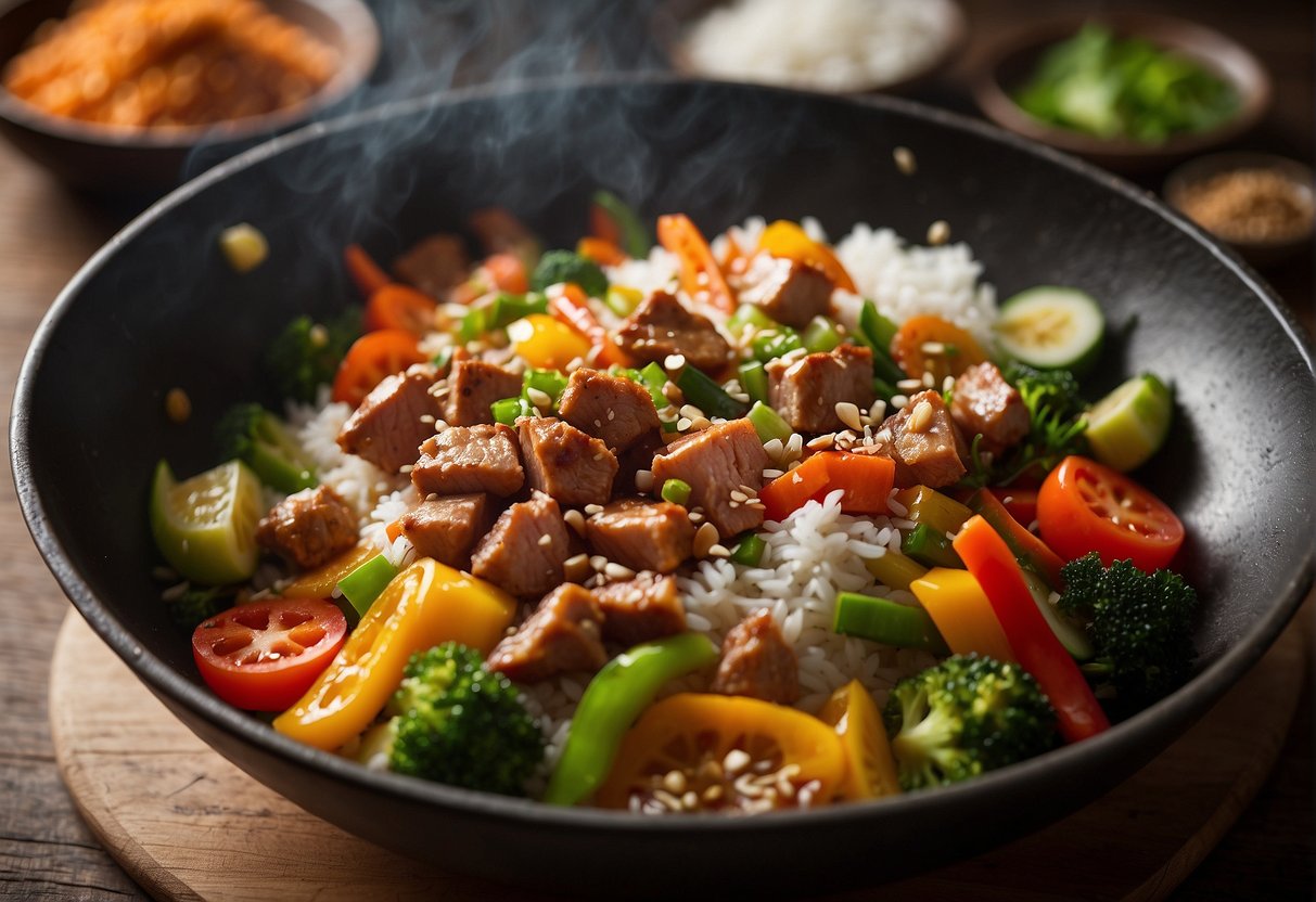 A sizzling wok filled with colorful chunks of marinated pork, mixed vegetables, and aromatic seasonings, surrounded by steaming rice and chopsticks