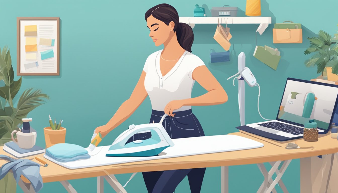 A woman browses online for an ironing board, surrounded by various options and reviews