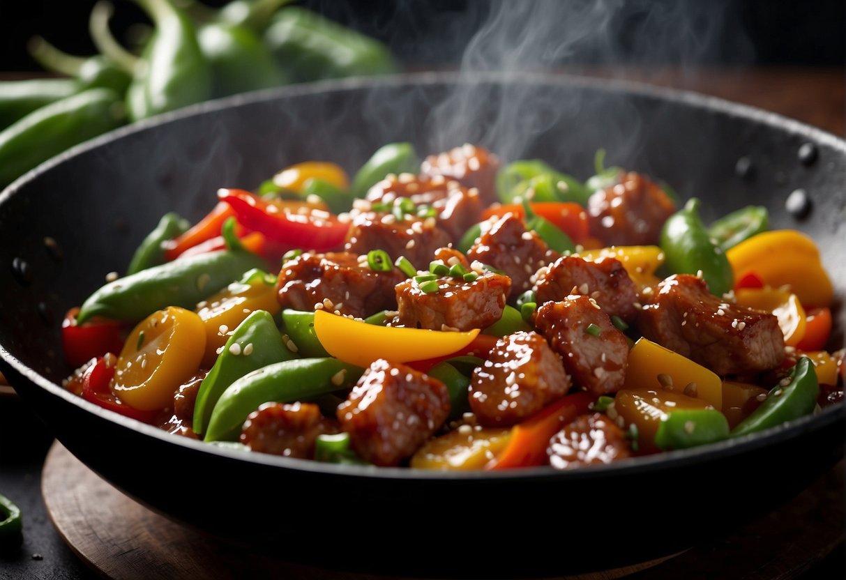 A sizzling wok filled with tender chunks of pork, colorful bell peppers, and crisp snow peas, all tossed in a savory and aromatic Chinese sauce. The steam rises as the dish is garnished with sesame seeds and green onions
