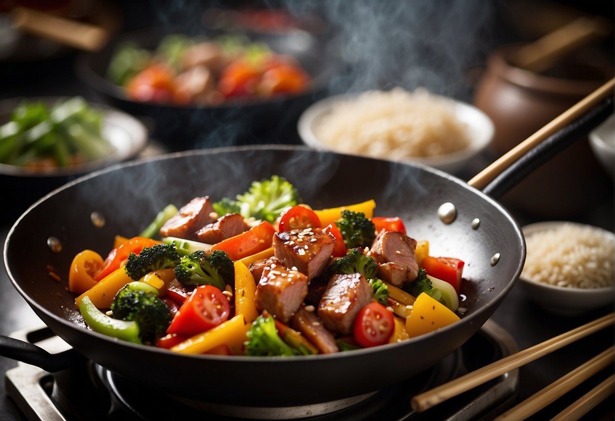 A sizzling wok with colorful vegetables and tender pieces of pork being stir-fried in a savory sauce, with a stack of bowls and chopsticks nearby