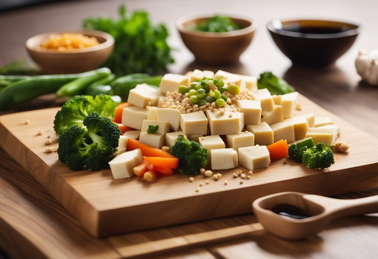 Fresh vegetables, tofu, soy sauce, ginger, garlic, and sesame oil arranged on a wooden cutting board. A wok sizzles on a stove in the background