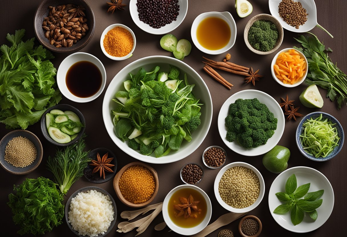 A table with a variety of fresh vegetables, herbs, and spices laid out next to a collection of vegetarian Chinese herbal soup recipes