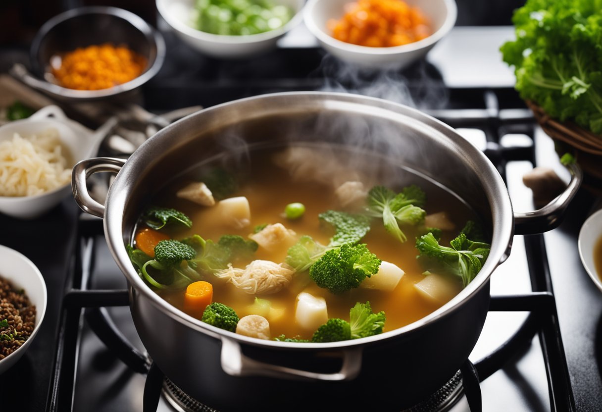 A steaming pot of Chinese herbal soup simmers on a stove, filled with vibrant vegetables and aromatic herbs. Steam rises as the flavors meld together, creating a tantalizing aroma