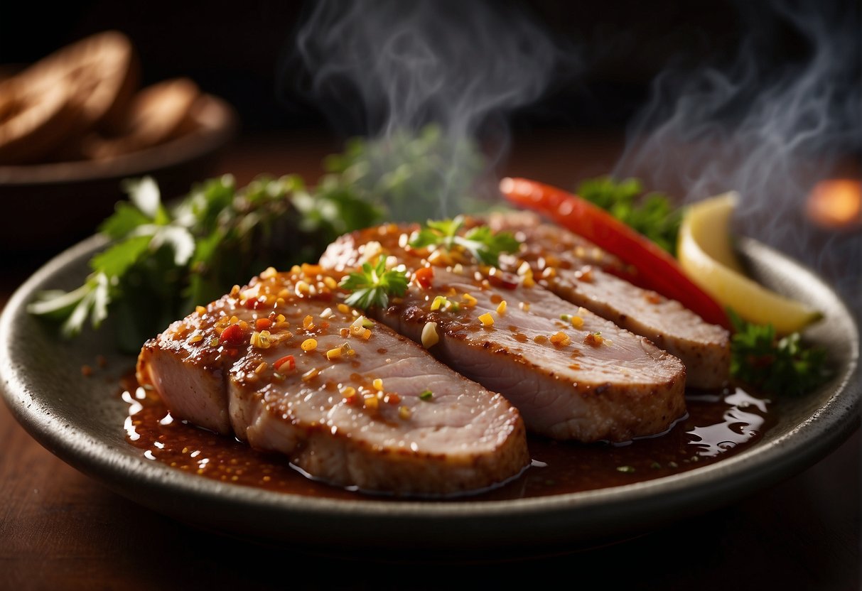 A sizzling pork tenderloin is being marinated in a blend of Chinese spices and sauces, with a tantalizing aroma filling the air