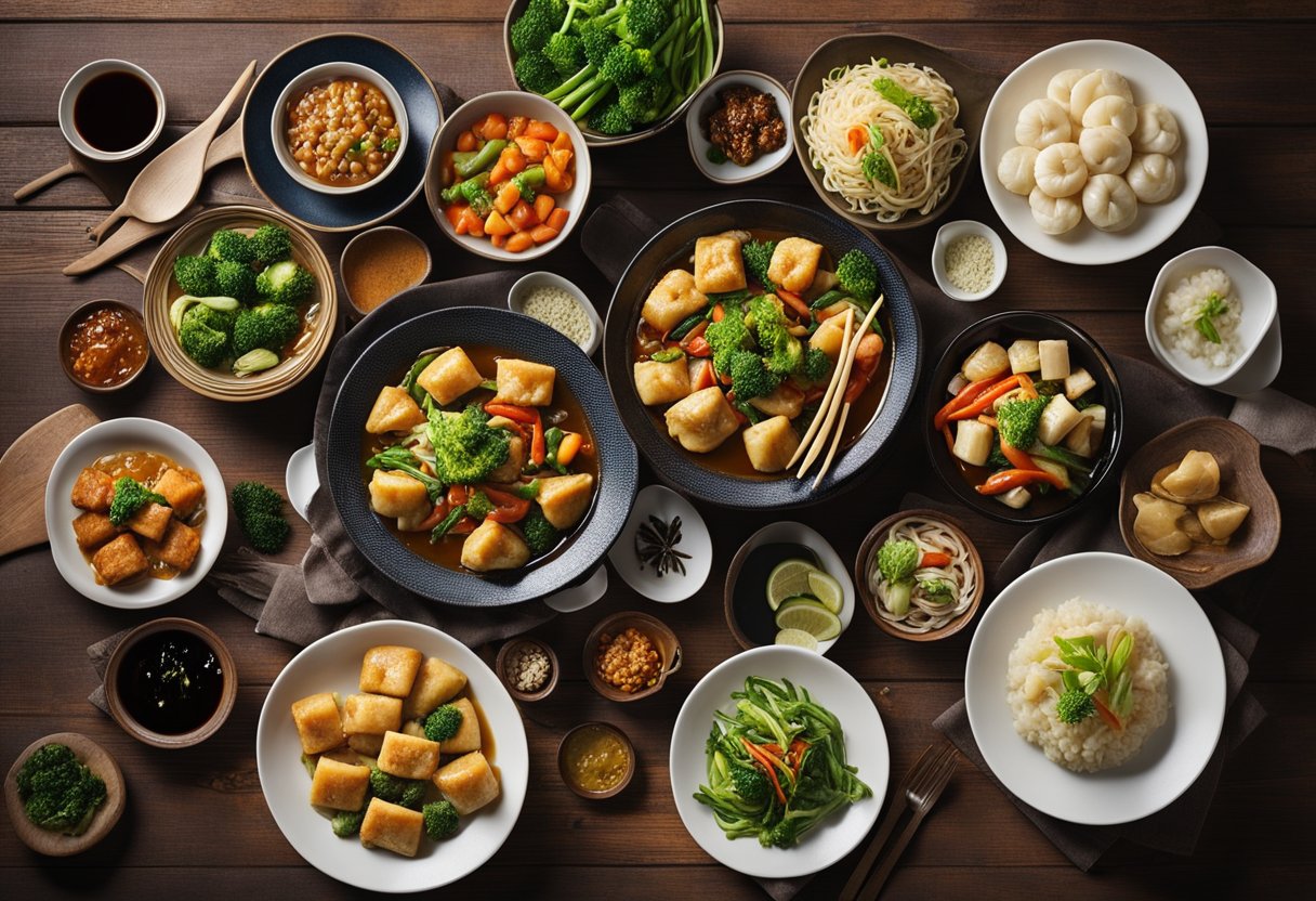 A table set with a colorful array of popular vegetarian Chinese dishes, including stir-fried vegetables, tofu dishes, and steamed dumplings