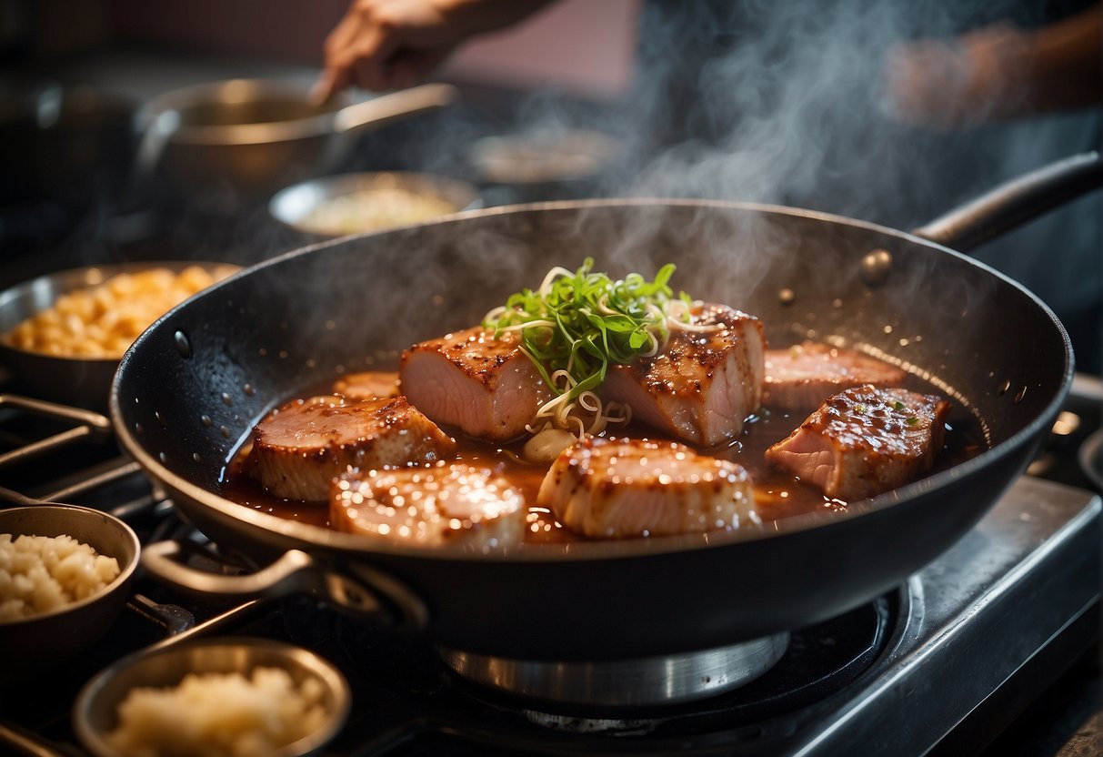 Searing pork tenderloin in a hot wok, adding ginger, garlic, and soy sauce, then braising in a savory broth until tender