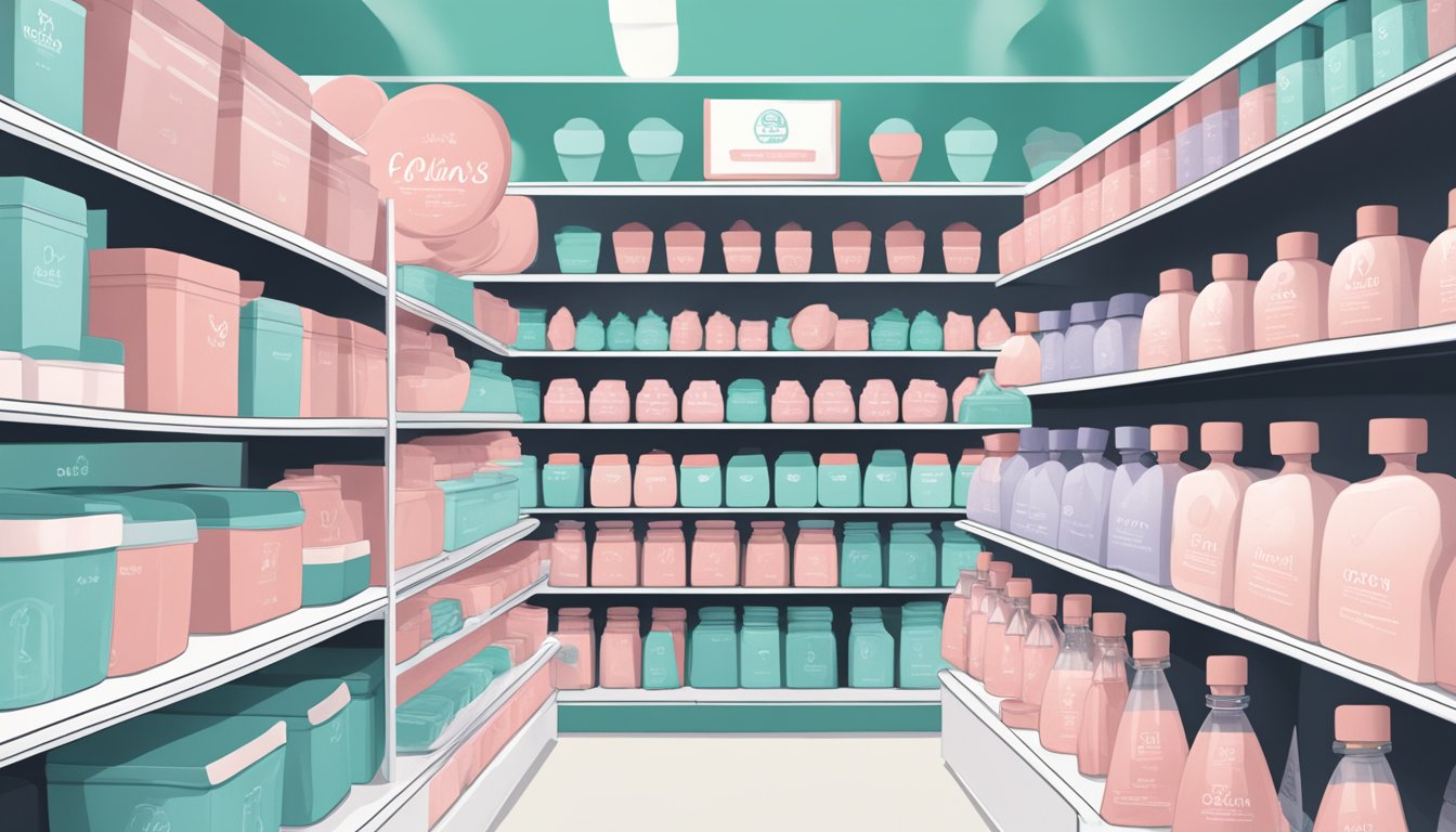 A hand reaches for various menstrual cups on a store shelf, comparing sizes and shapes. Package labels emphasize comfort and sustainability