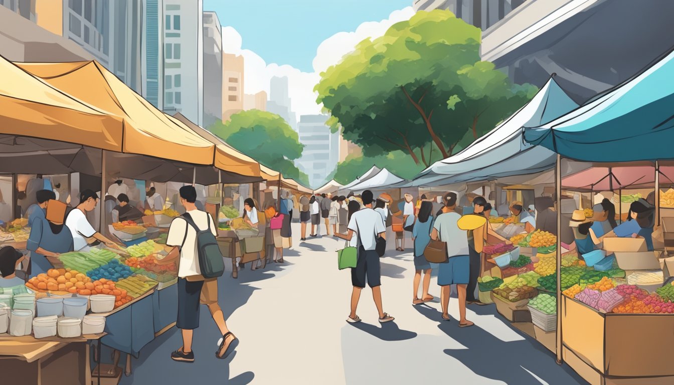 A bustling street market in Singapore, with colorful stalls selling postcards and souvenirs to eager tourists