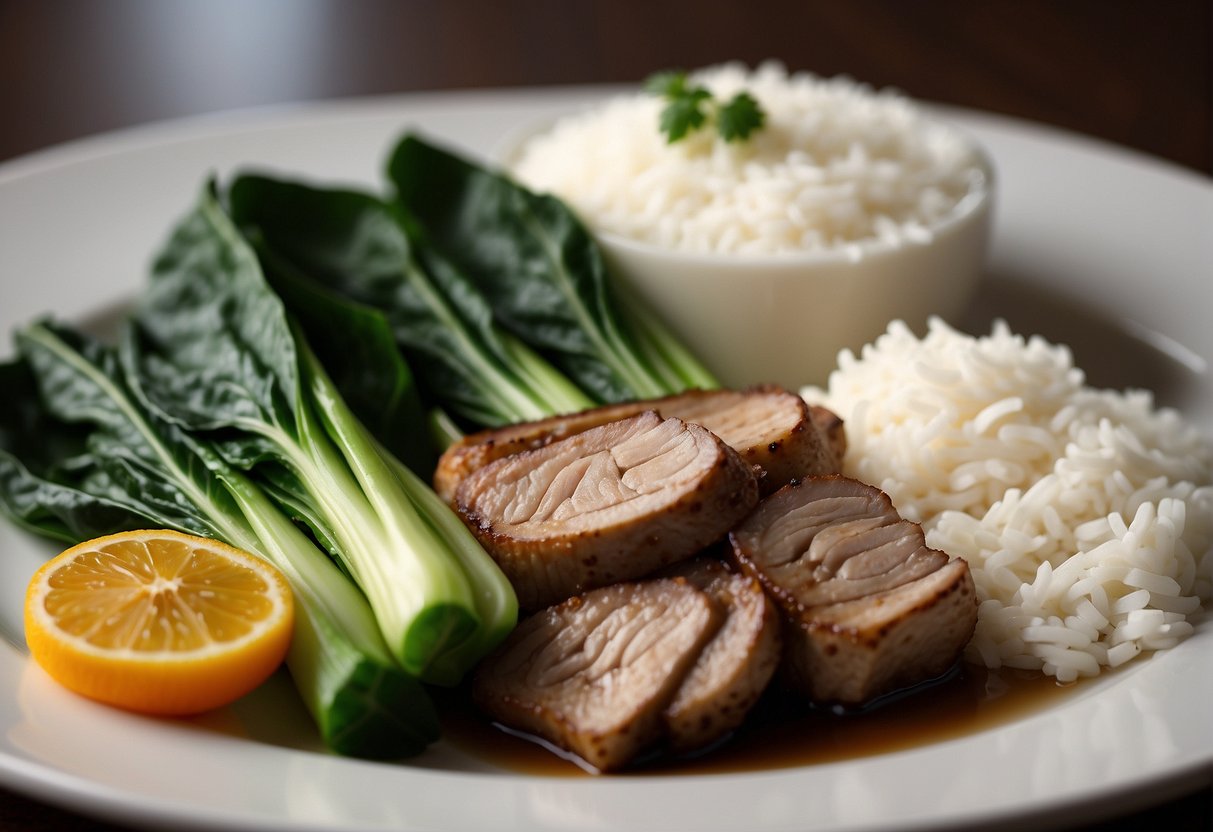 A platter of steamed bok choy, stir-fried green beans, and fluffy white rice alongside juicy slices of Chinese pork tenderloin