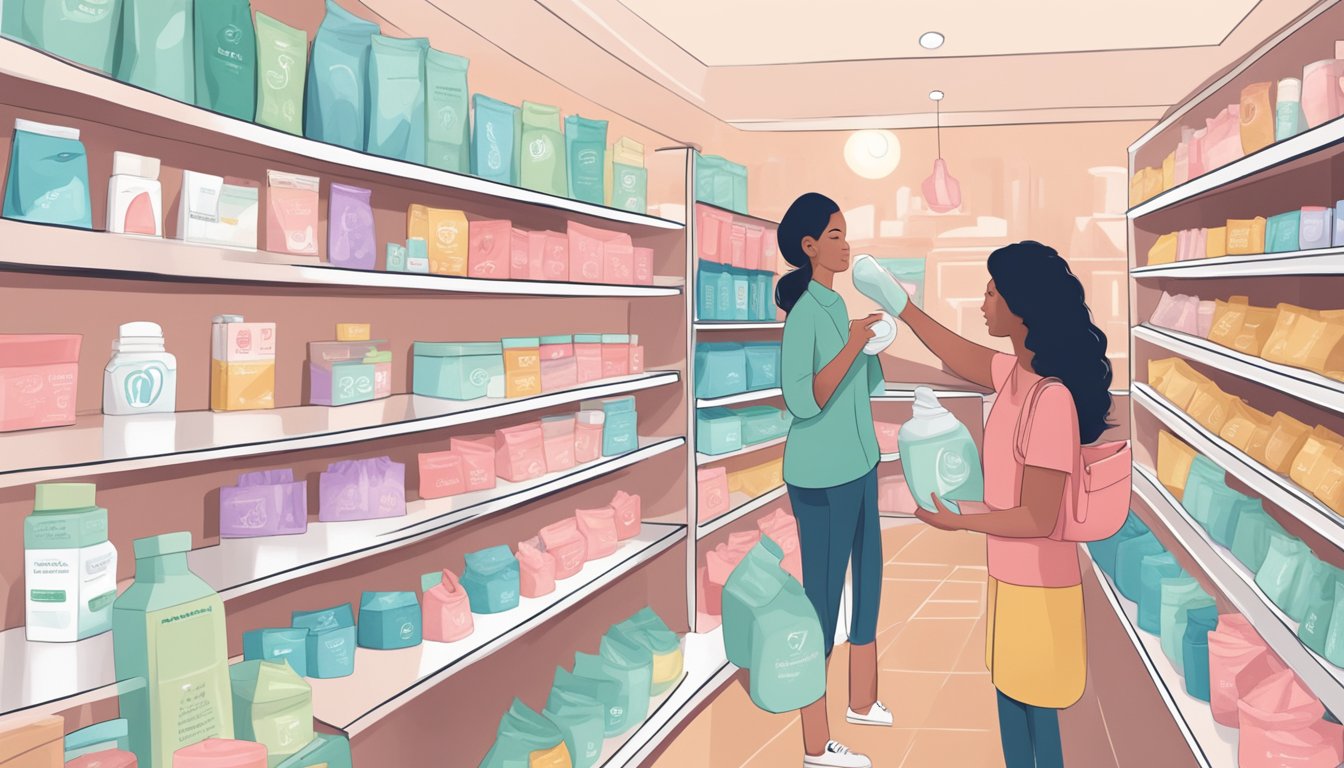 A hand reaches for a reusable menstrual cup on a store shelf, surrounded by eco-friendly period products