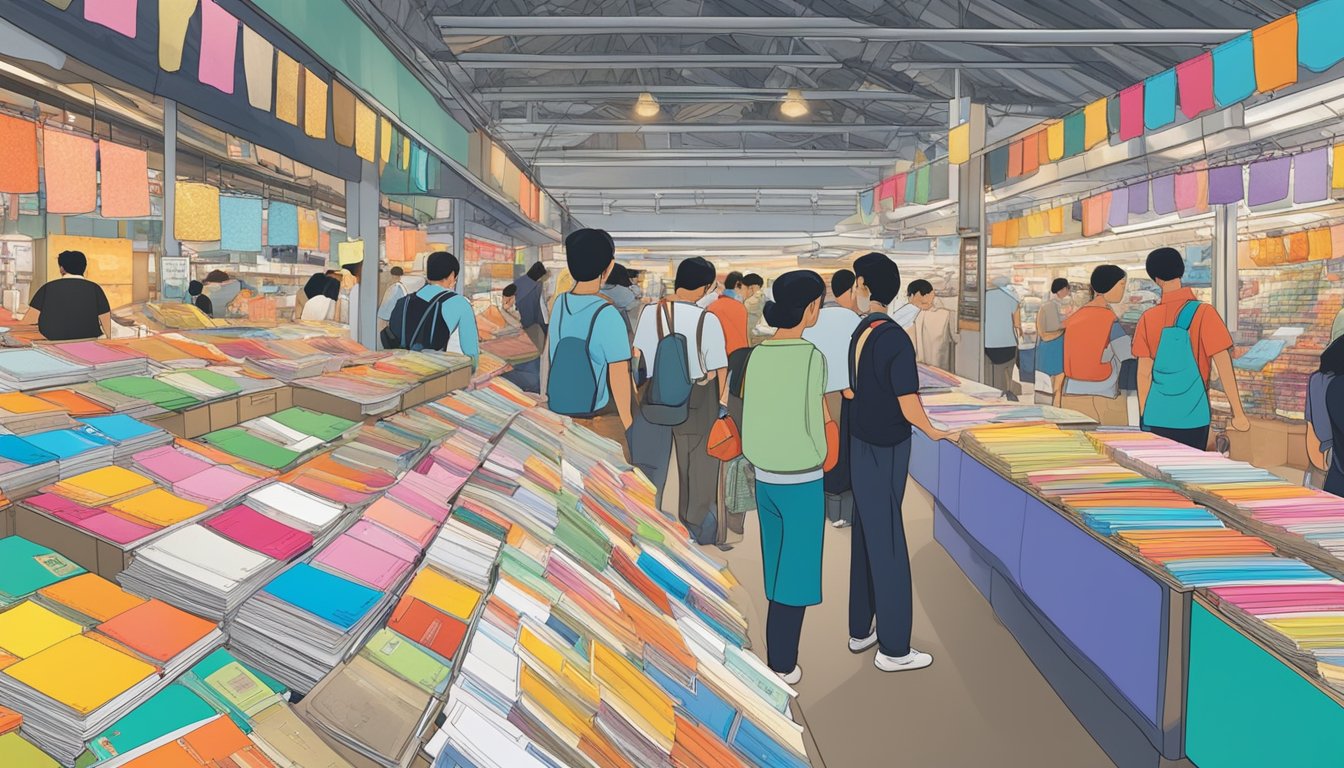 A colorful array of postcards displayed on racks at a bustling Singaporean market, with vendors eagerly assisting customers