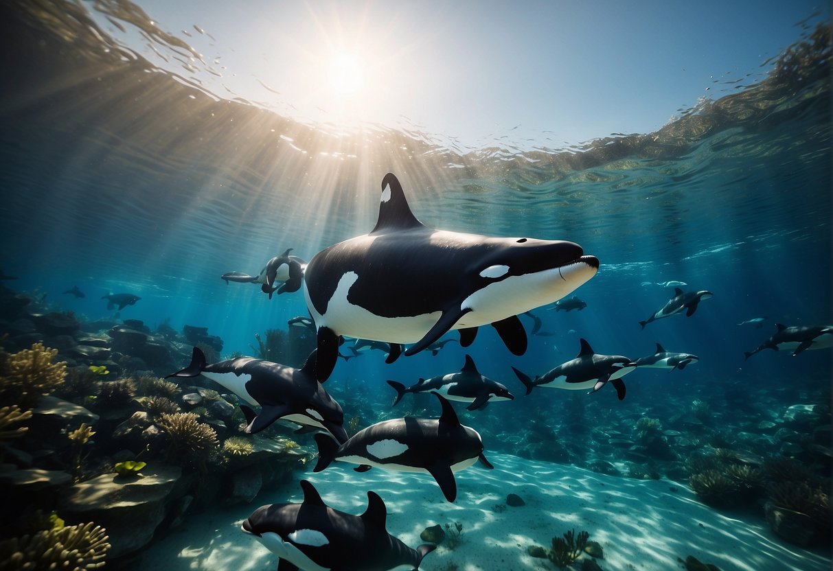 Sekelompok orca berenang dengan anggun melalui lanskap bawah air yang dinamis, dikelilingi oleh simbol pertukaran dan teknologi yang terdesentralisasi