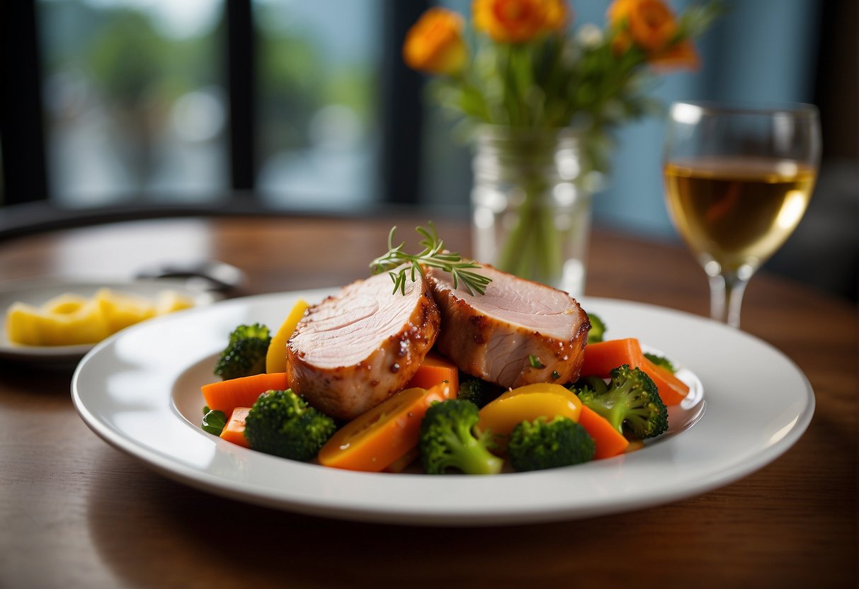The pork tenderloin is beautifully plated with vibrant vegetables and a glossy glaze, ready to be served to eager diners