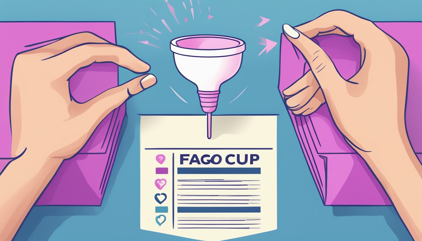 A hand reaches for a colorful box labeled "Menstrual Cup FAQ" with a list of questions and answers printed on it