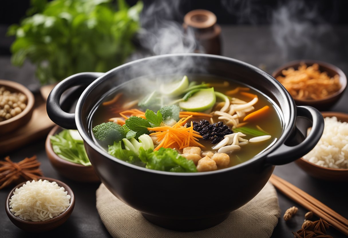 A steaming pot of vegetarian Chinese herbal soup surrounded by fresh ingredients and a list of nutritional benefits