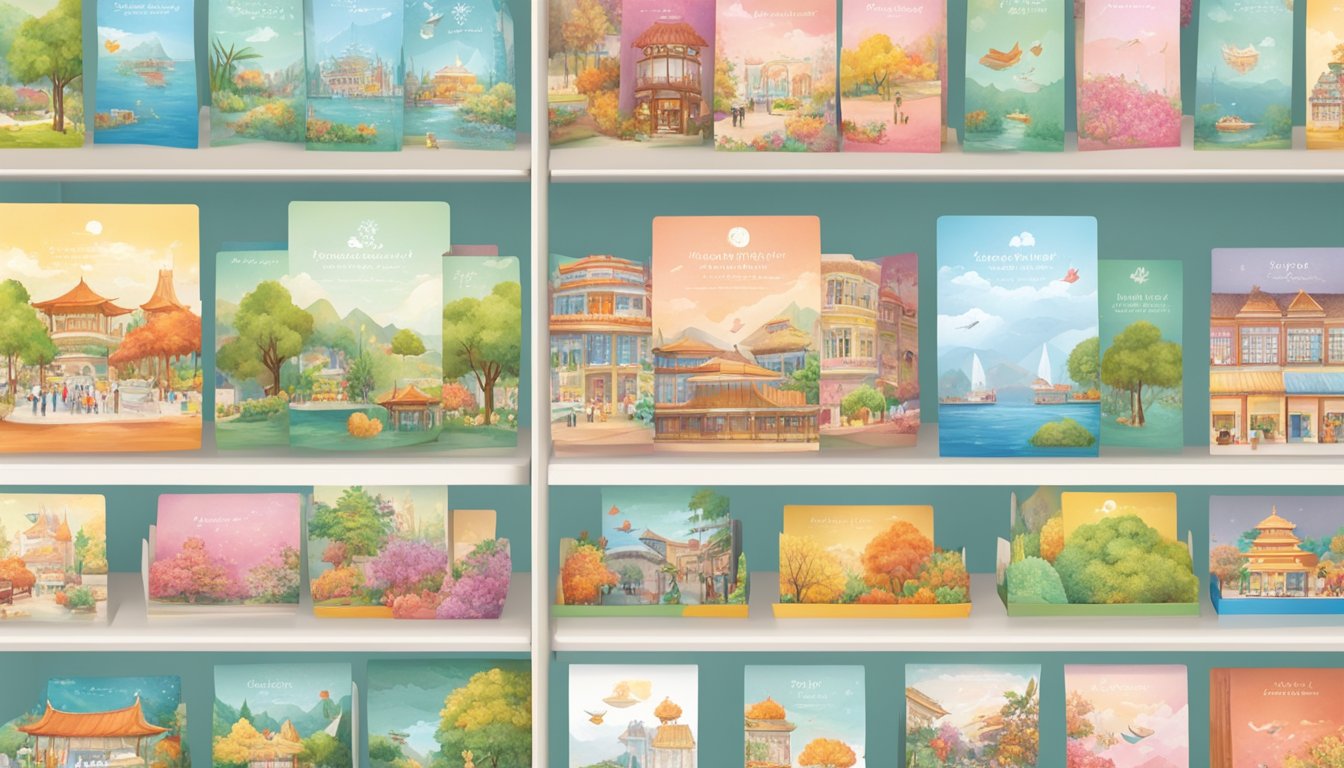 A colorful display of seasonal and special occasion postcards arranged neatly on a stand in a bustling Singapore shop