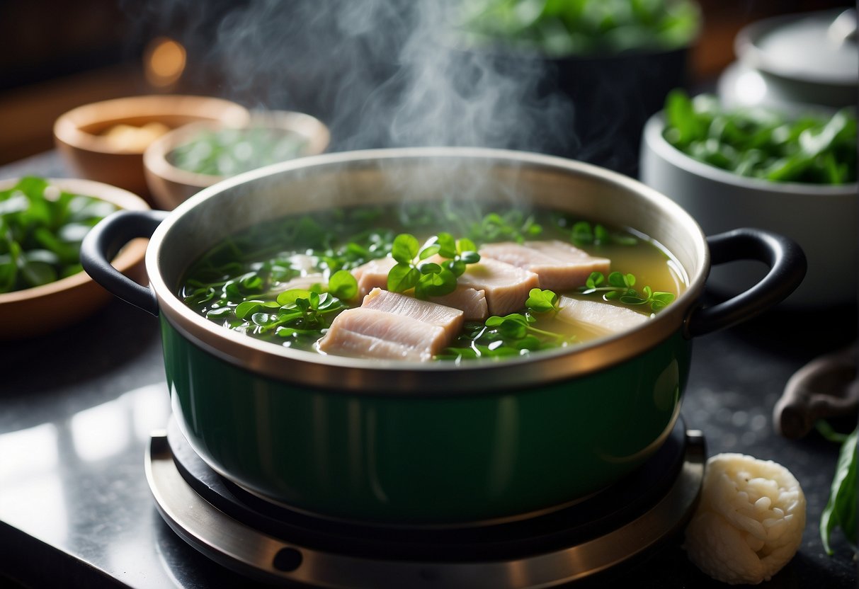 A steaming pot of Chinese pork watercress soup with tender pork slices, vibrant green watercress, and clear broth simmering on a stove