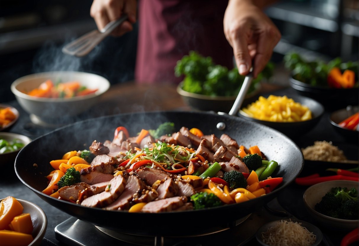 A sizzling wok with marinated pork slices, surrounded by aromatic spices and colorful vegetables, as a chef prepares a Chinese pork tenderloin dish