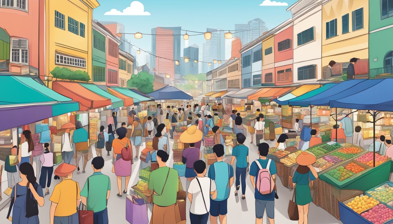 A bustling street market in Singapore, with colorful postcard stands and curious shoppers browsing through the selection