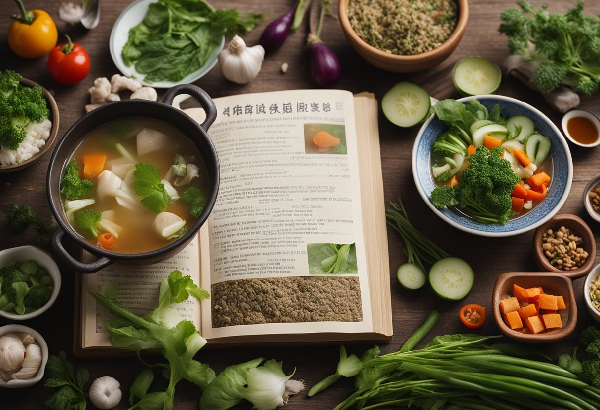 A steaming pot of Chinese herbal soup surrounded by various fresh vegetables and herbs, with a recipe book open to a page titled "Frequently Asked Questions vegetarian Chinese herbal soup recipes."