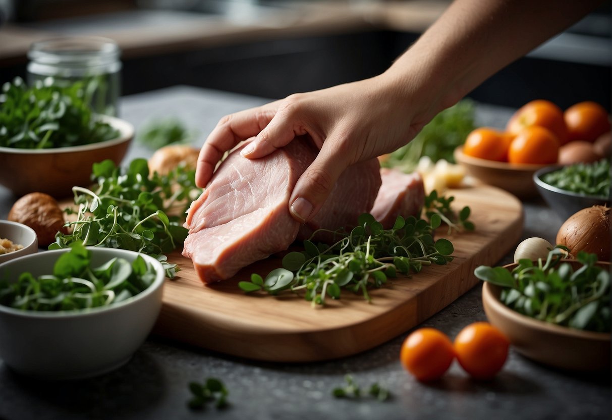 A hand reaching for pork, watercress, and other ingredients on a kitchen counter