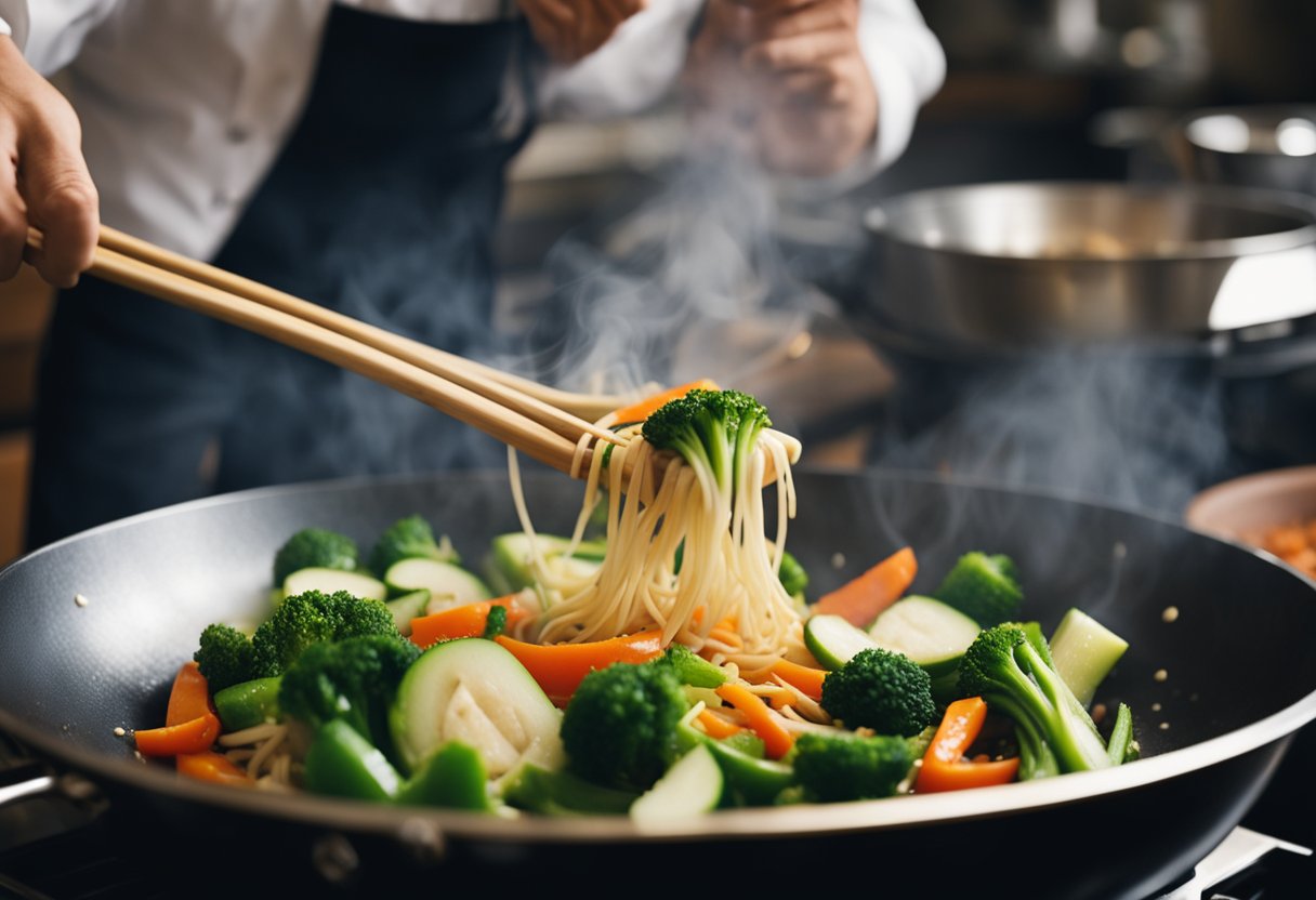Sizzling stir-fry vegetables in a wok, steam rising, as a chef adds soy sauce and ginger, creating a flavorful vegetarian Chinese dish