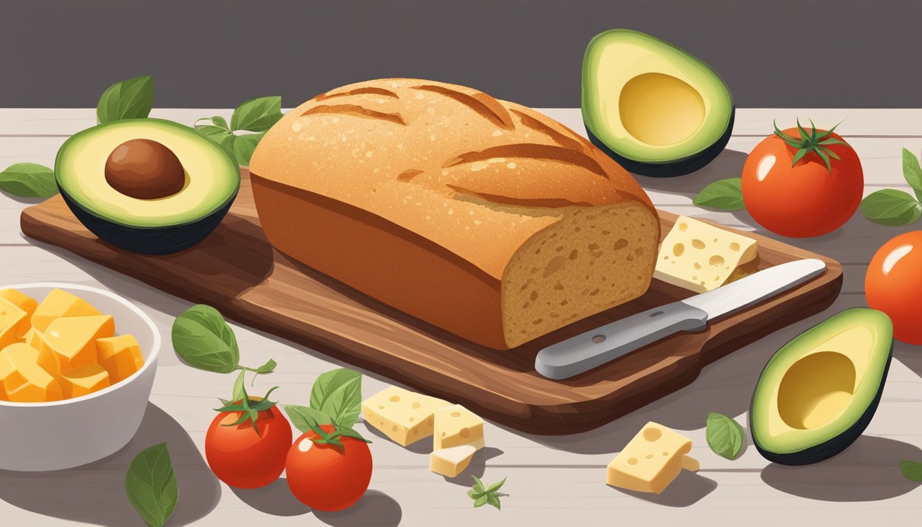 A loaf of keto bread sits on a wooden cutting board, surrounded by a variety of toppings such as avocado, tomatoes, and cheese. The warm, inviting colors of the food create a cozy and appetizing scene