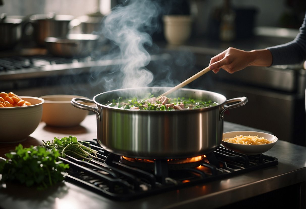 A pot simmers on a stove, filled with pork bones, watercress, and aromatic spices. Steam rises as the ingredients meld together, creating a rich and flavorful Chinese pork watercress soup