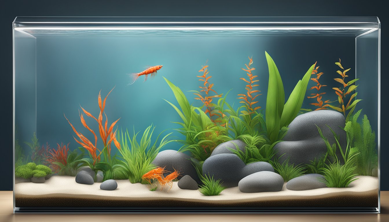 Opae Ula habitat: A small glass aquarium with rocks, plants, and clear water. A few red shrimp (Opae Ula) swim gracefully. Available for purchase in Singapore