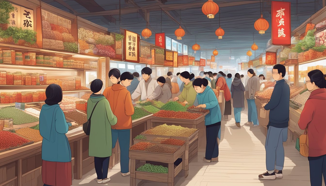 A bustling marketplace with colorful displays of red ginseng products, customers sampling and purchasing, and vendors sharing the benefits of the herb