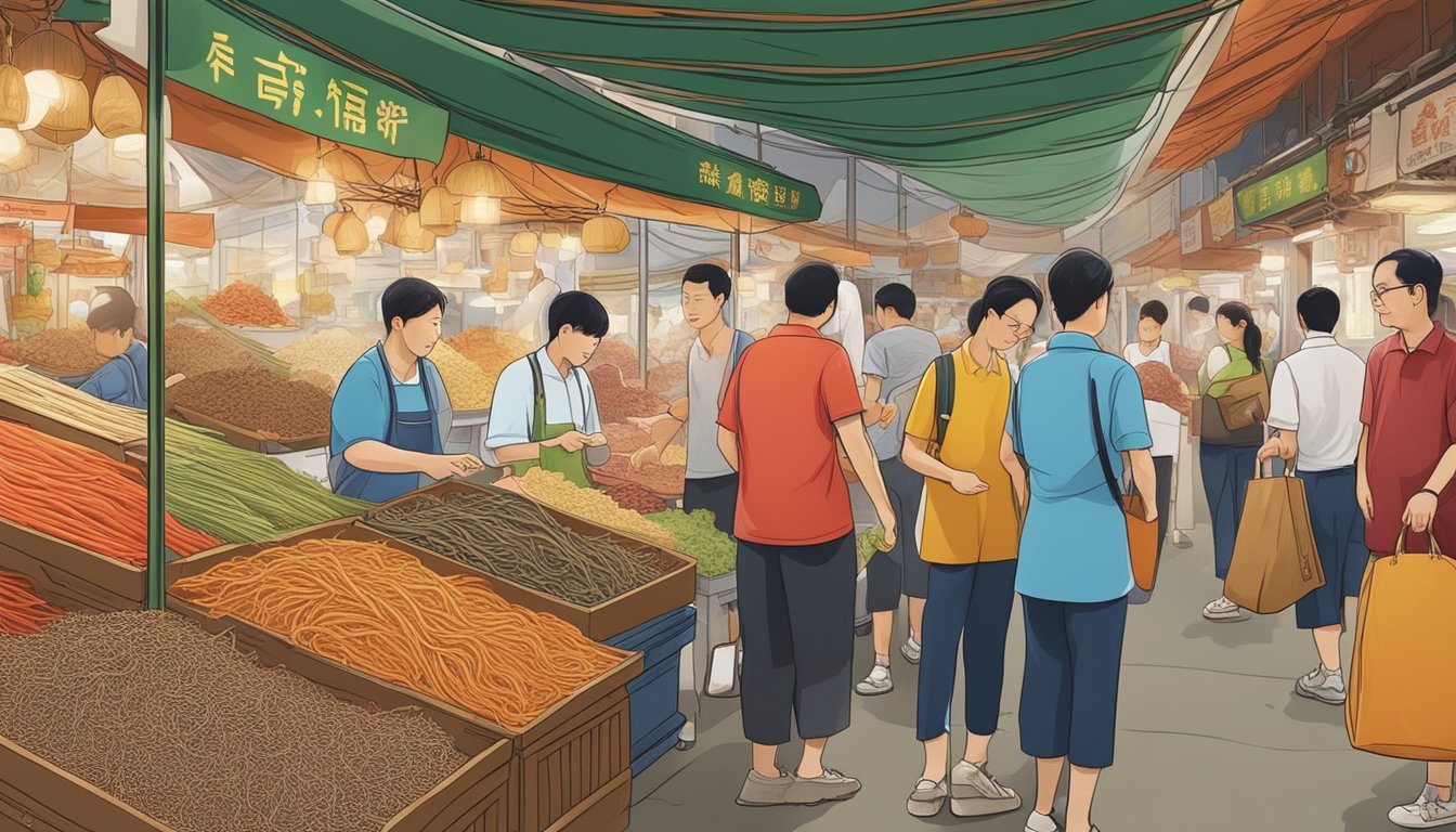 A bustling market stall displays vibrant red ginseng roots in Singapore. Customers eagerly inspect the high-quality products, while the vendor proudly showcases the health benefits of the traditional herbal remedy