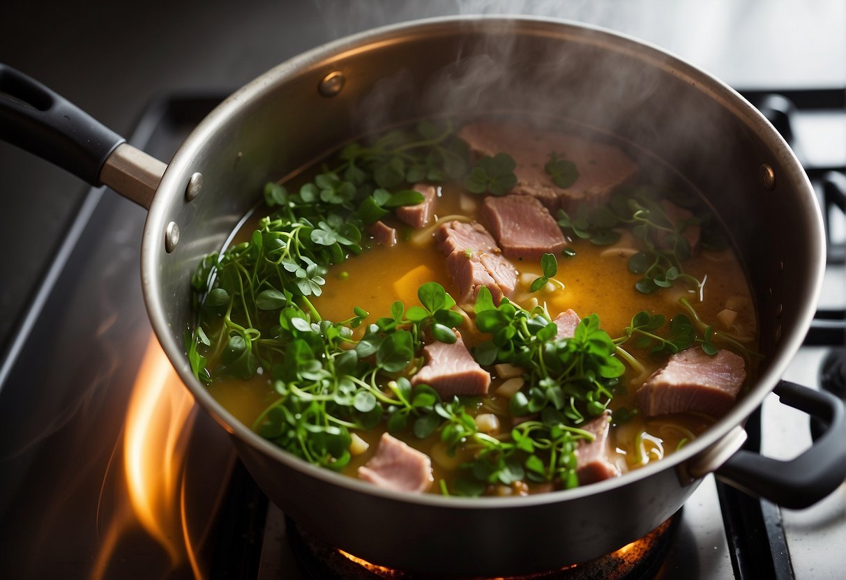 A pot simmers on the stove with pork, watercress, and broth. Steam rises as the ingredients meld together in the bubbling liquid