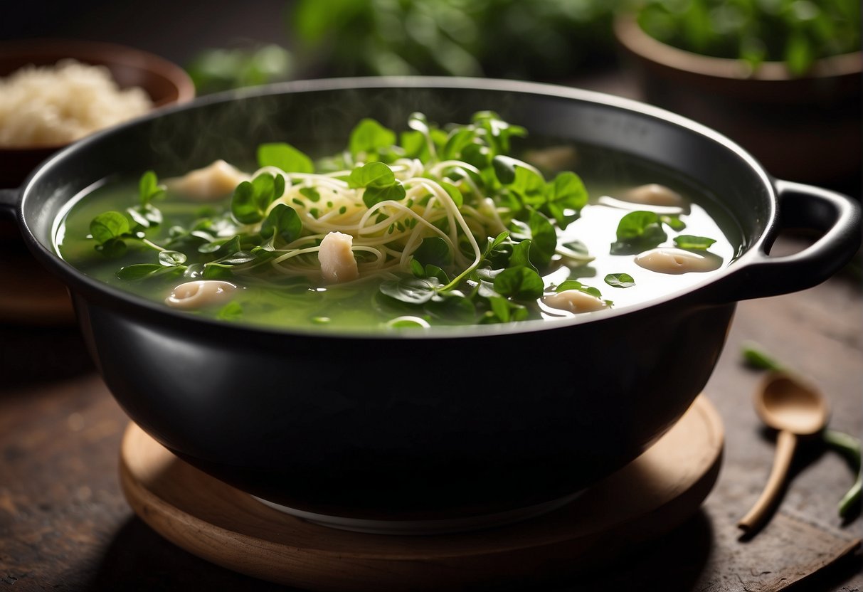 Chinese pork watercress soup simmers in a pot, with ginger, garlic, and soy sauce adding flavor. Green watercress floats in the broth