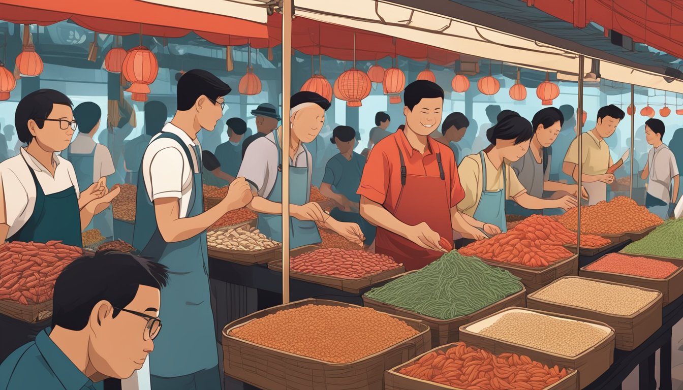 A bustling market stall with vibrant red ginseng displayed in neat rows, surrounded by curious onlookers in Singapore