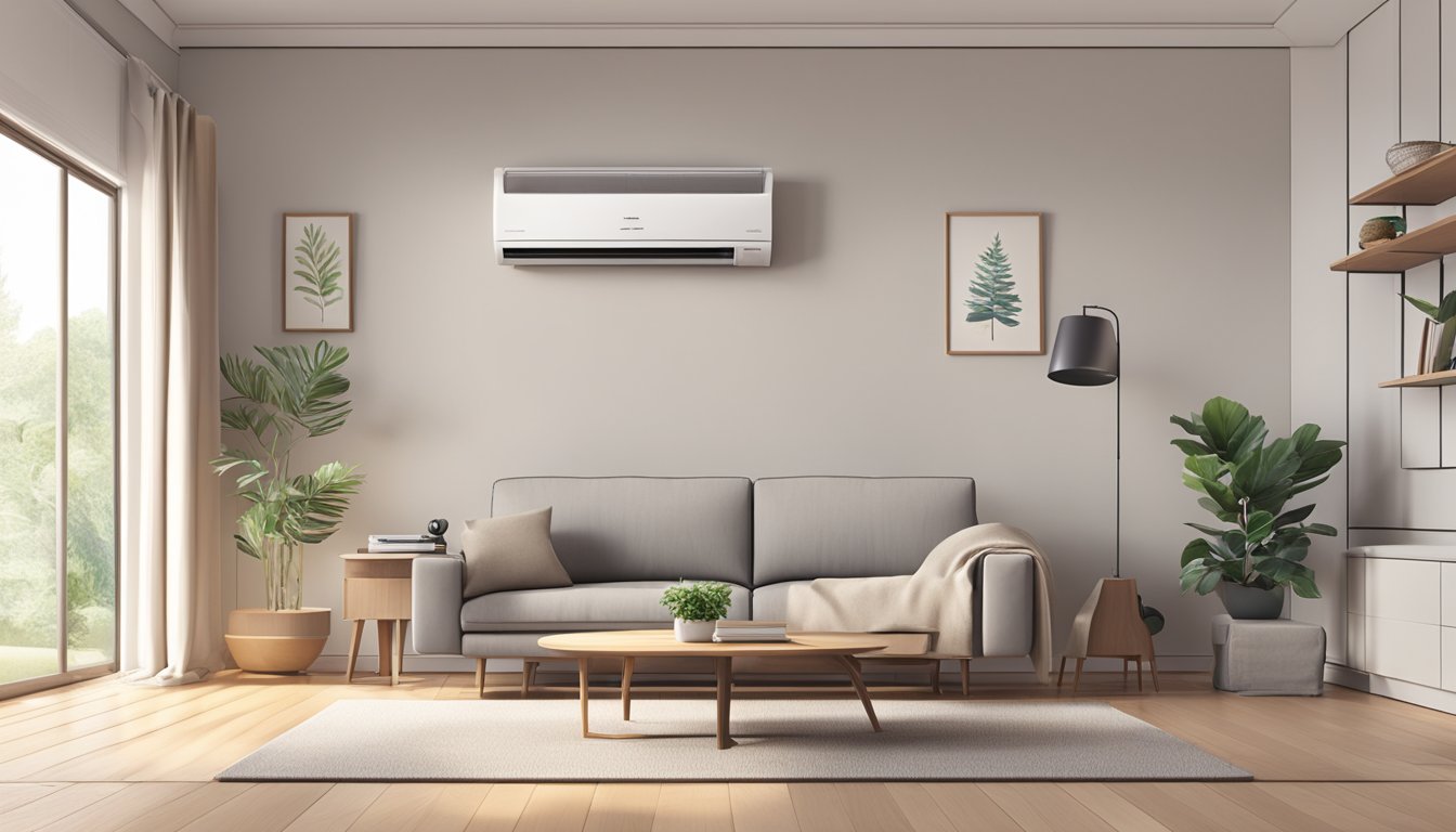 A living room with a Mitsubishi air conditioner installed on the wall, surrounded by modern furniture and a clean, minimalist design