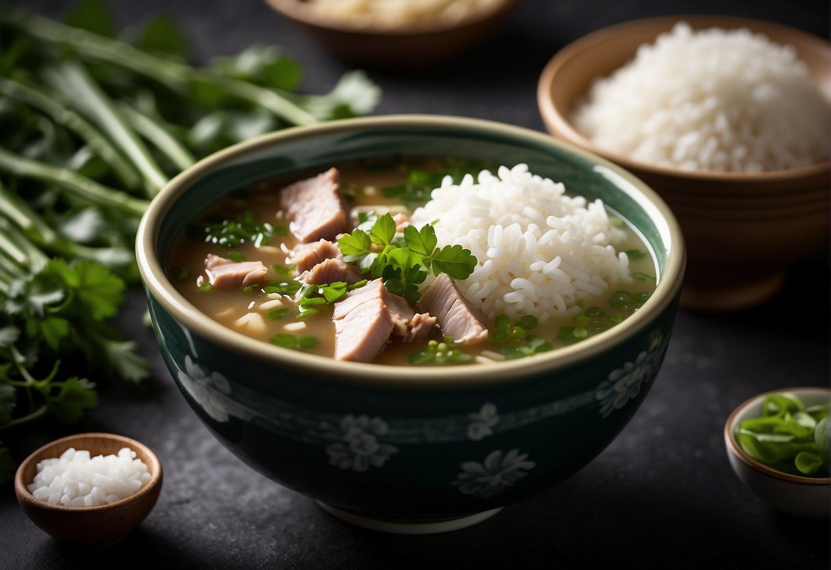 A steaming bowl of Chinese pork watercress soup garnished with fresh cilantro and sliced green onions, accompanied by a side of fluffy white rice