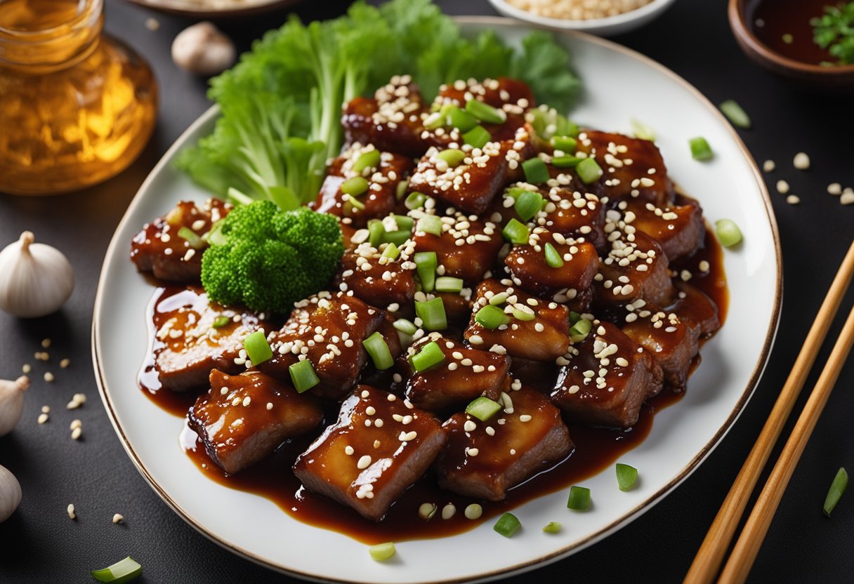 A sizzling hot plate of Chinese pork smothered in tangy plum sauce, garnished with sesame seeds and fresh scallions