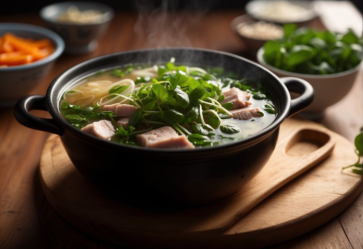 A steaming pot of Chinese pork watercress soup with ingredients laid out on a wooden cutting board