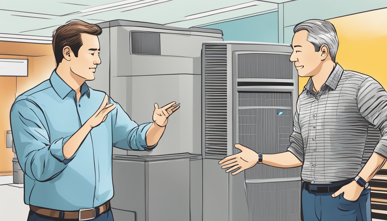 A customer points to a Mitsubishi aircon unit while a salesperson explains its features in a brightly lit showroom