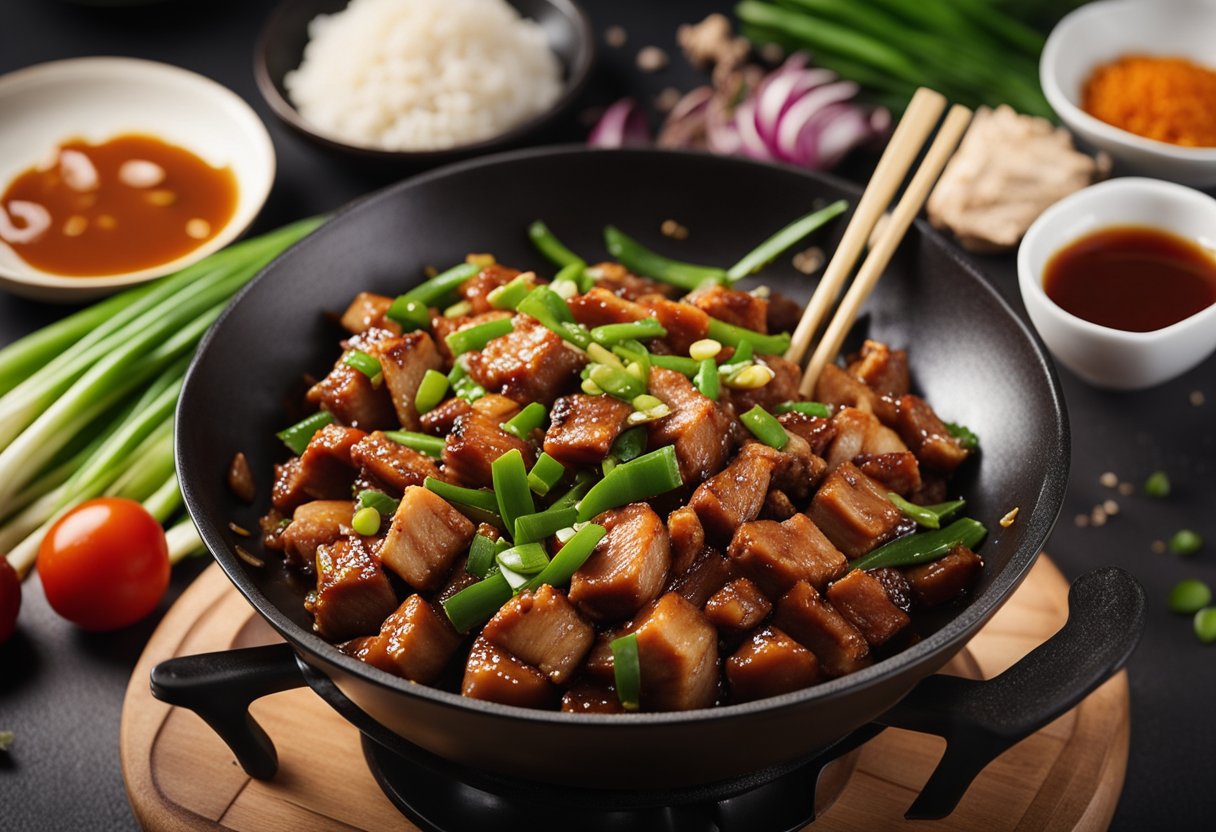 A wok sizzles with marinated pork, stir-frying in a sweet and tangy plum sauce. Surrounding ingredients like ginger, garlic, and green onions await their turn to join the flavorful dish